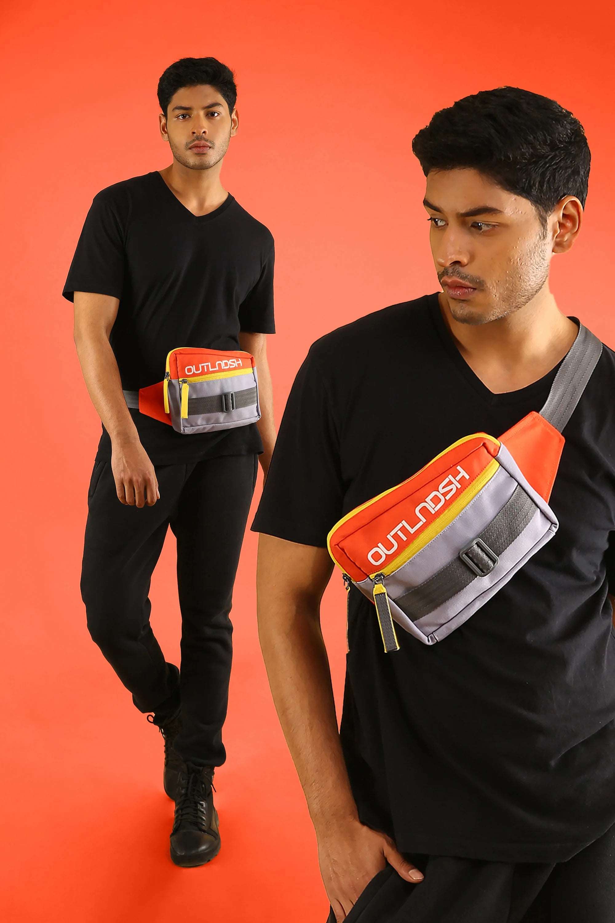 OUTLNDSH Fanny pack plus crossbody orange color unique style - waist bag, belt bag, sling bag, bum bag.